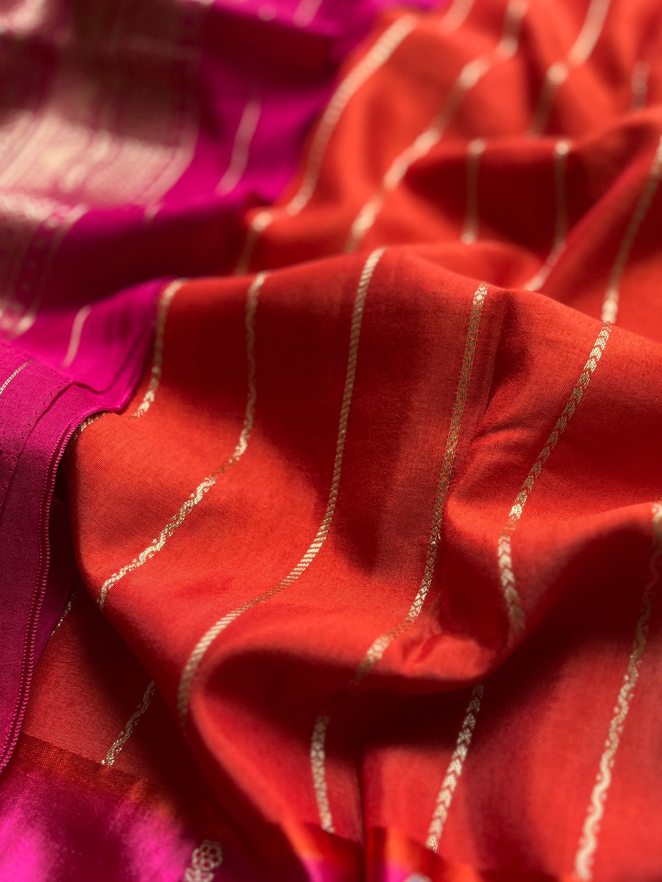 Rust Orange with Pink Border Viscose Satin Saree